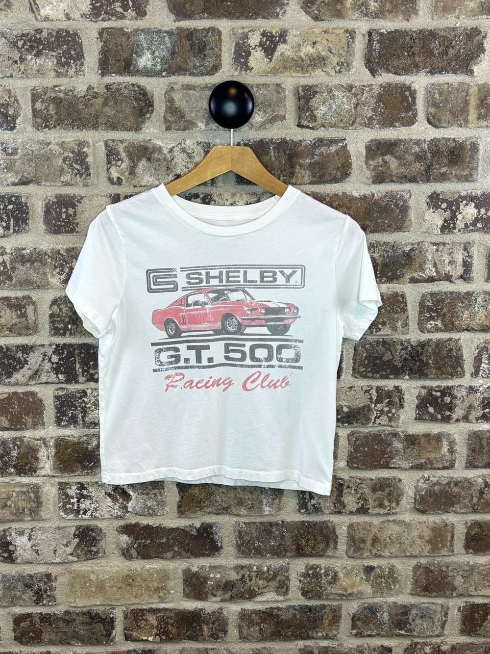 Shelby Cropped White Tee with Red and Gray Racing Graphic Juniors Large